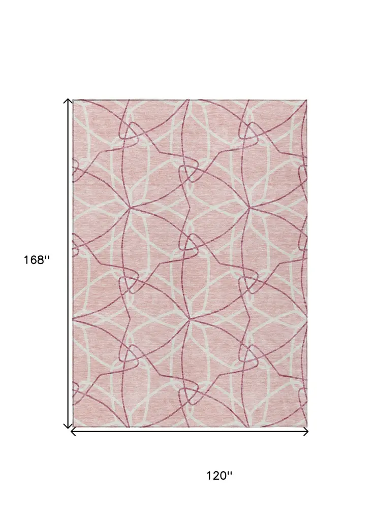 10' X 14' Pink And Ivory Geometric Washable Indoor Outdoor Area Rug