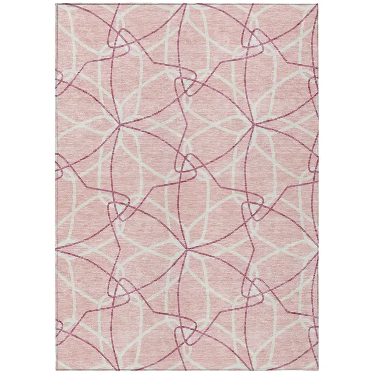 10' X 14' Pink And Ivory Geometric Washable Indoor Outdoor Area Rug