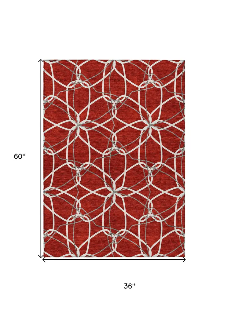 3' X 5' Red And Ivory Geometric Washable Indoor Outdoor Area Rug