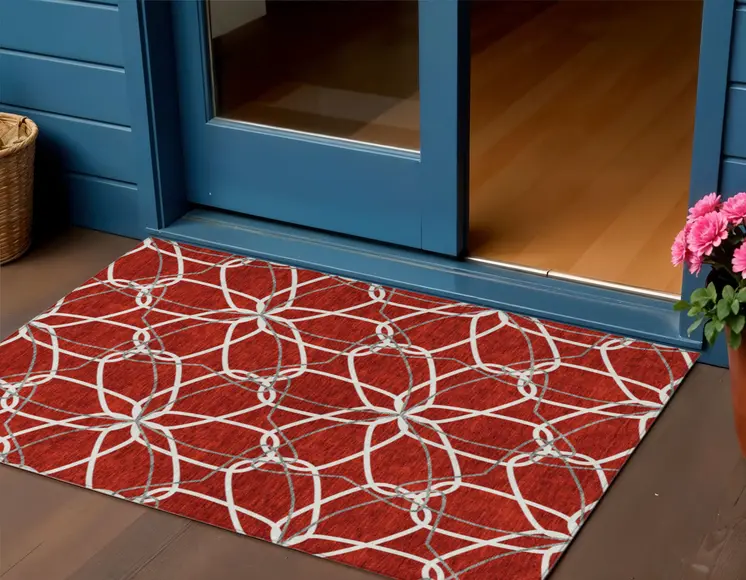 3' X 5' Red And Ivory Geometric Washable Indoor Outdoor Area Rug
