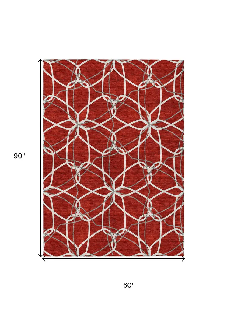 5' X 8' Red And Ivory Geometric Washable Indoor Outdoor Area Rug