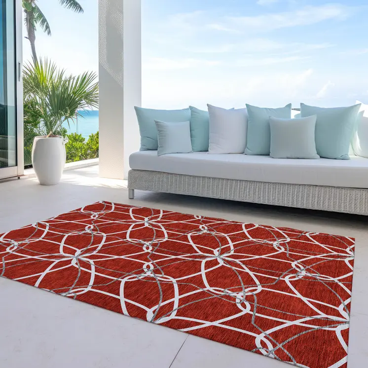 5' X 8' Red And Ivory Geometric Washable Indoor Outdoor Area Rug