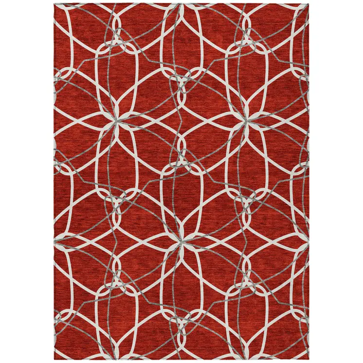 5' X 8' Red And Ivory Geometric Washable Indoor Outdoor Area Rug