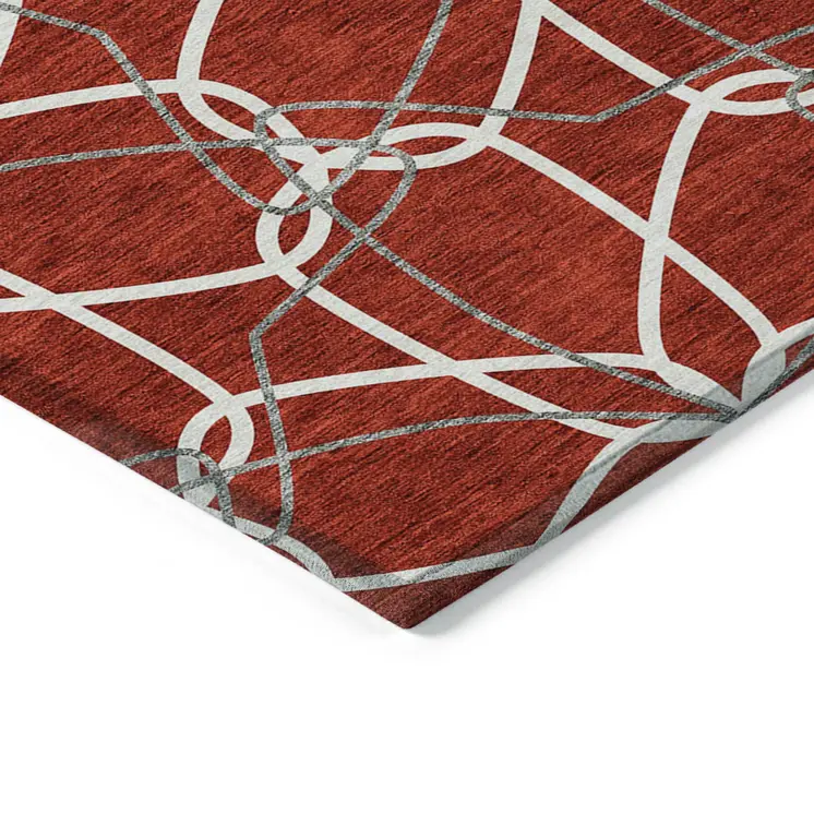 5' X 8' Red And Ivory Geometric Washable Indoor Outdoor Area Rug