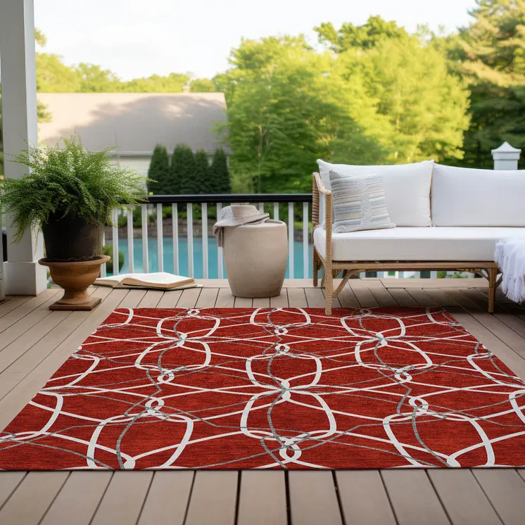 5' X 8' Red And Ivory Geometric Washable Indoor Outdoor Area Rug