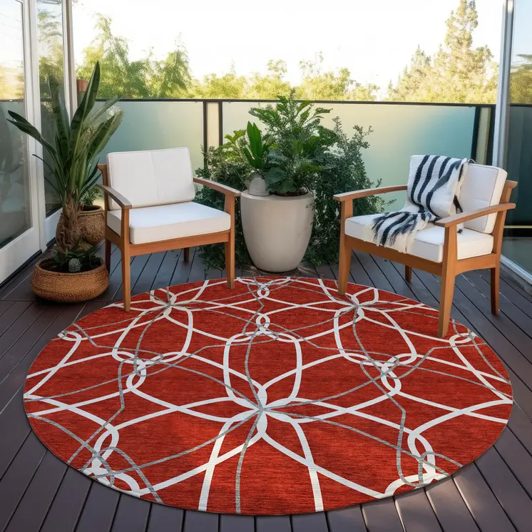8' Red And Ivory Round Geometric Washable Indoor Outdoor Area Rug
