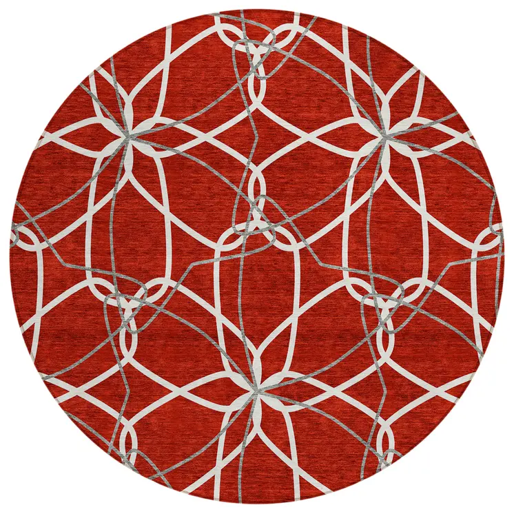 8' Red And Ivory Round Geometric Washable Indoor Outdoor Area Rug