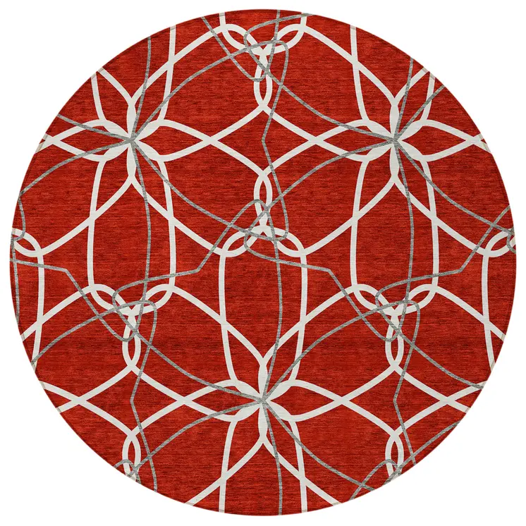 8' Red And Ivory Round Geometric Washable Indoor Outdoor Area Rug