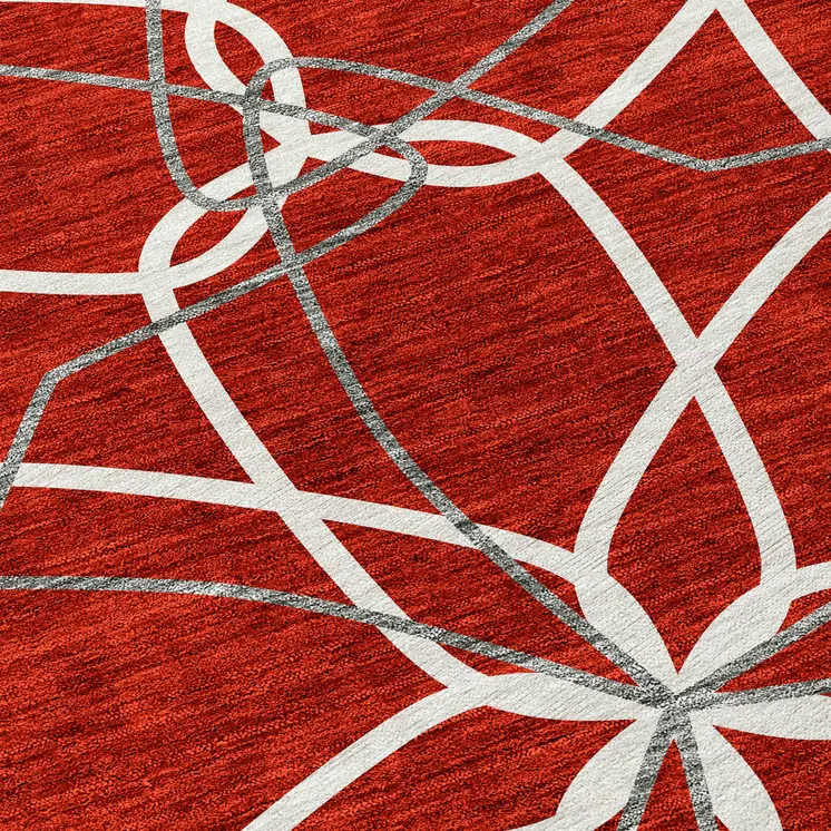 8' Red And Ivory Round Geometric Washable Indoor Outdoor Area Rug
