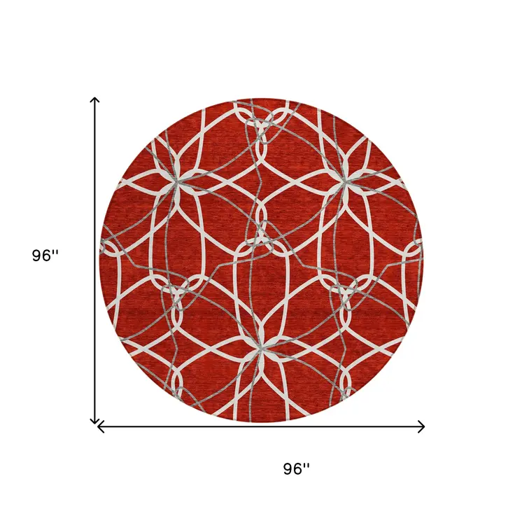 8' Red And Ivory Round Geometric Washable Indoor Outdoor Area Rug