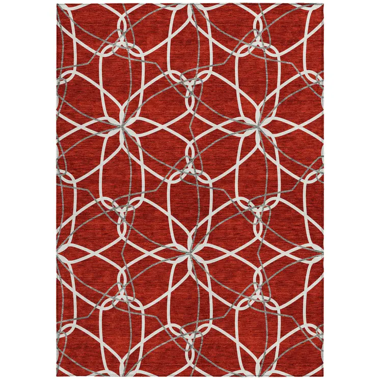8' X 10' Red And Ivory Geometric Washable Indoor Outdoor Area Rug