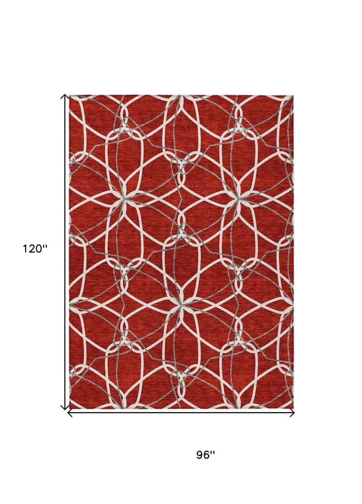 8' X 10' Red And Ivory Geometric Washable Indoor Outdoor Area Rug
