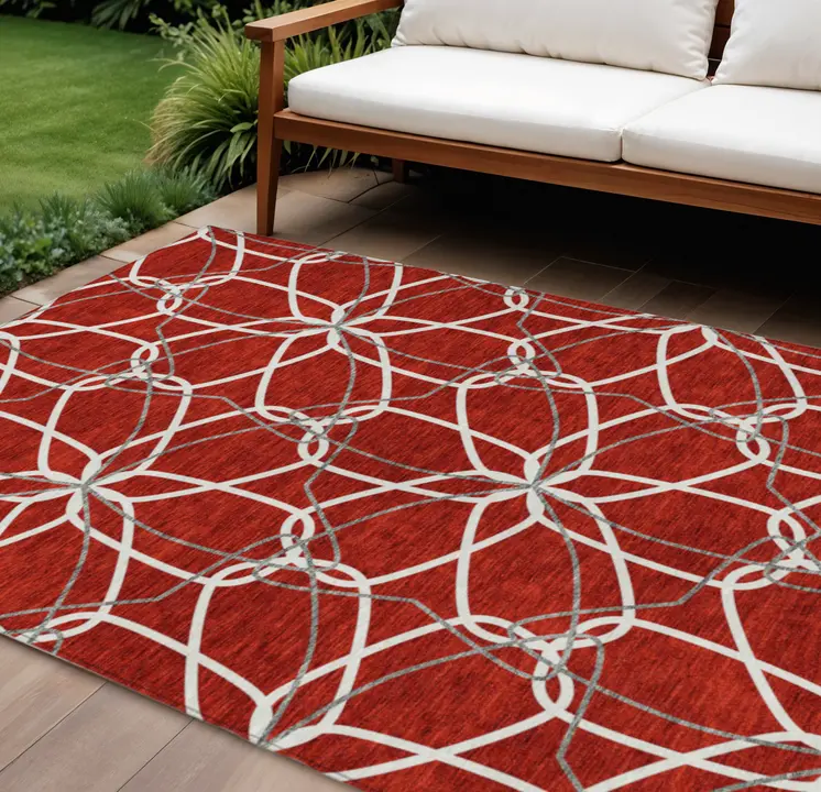 8' X 10' Red And Ivory Geometric Washable Indoor Outdoor Area Rug