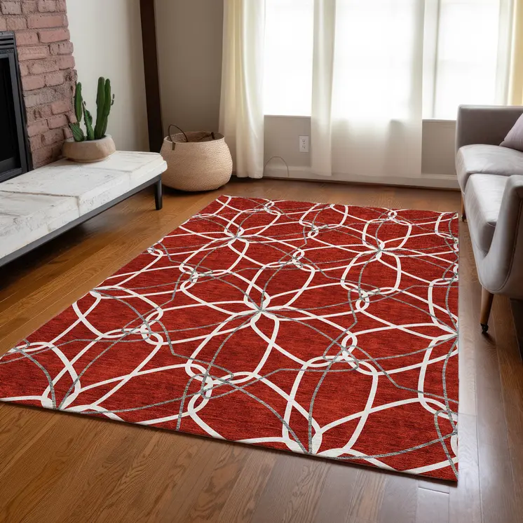 9' X 12' Red And Ivory Geometric Washable Indoor Outdoor Area Rug