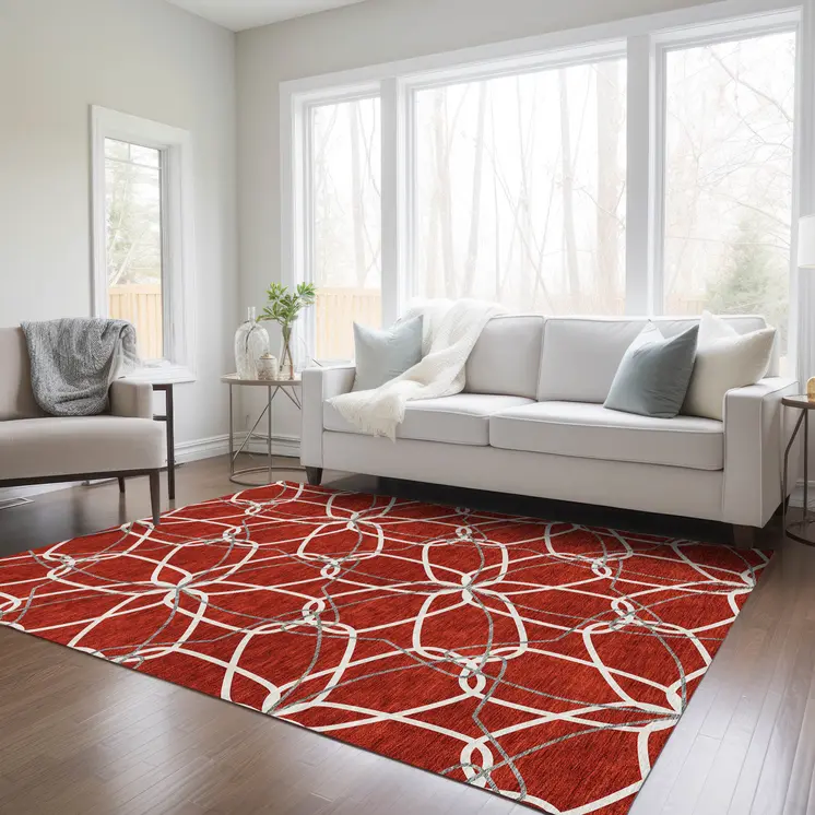 9' X 12' Red And Ivory Geometric Washable Indoor Outdoor Area Rug