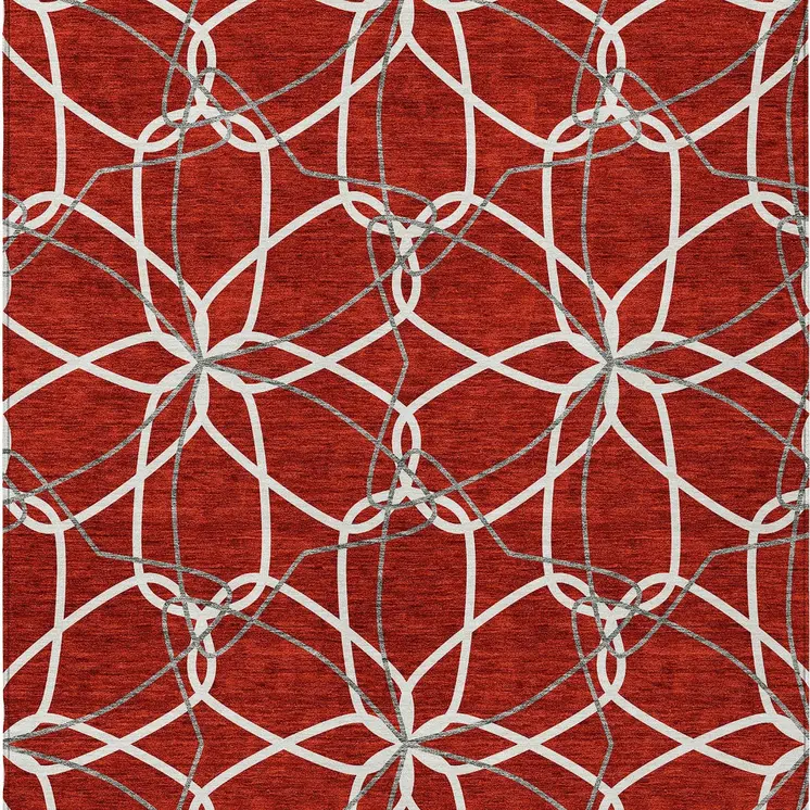 10' X 14' Red And Ivory Geometric Washable Indoor Outdoor Area Rug