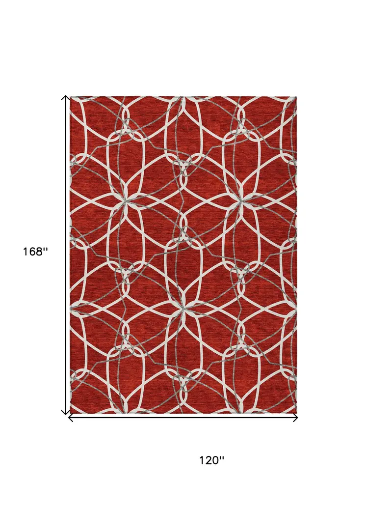 10' X 14' Red And Ivory Geometric Washable Indoor Outdoor Area Rug