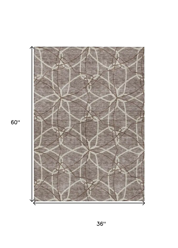 3' X 5' Taupe And Ivory Geometric Washable Indoor Outdoor Area Rug