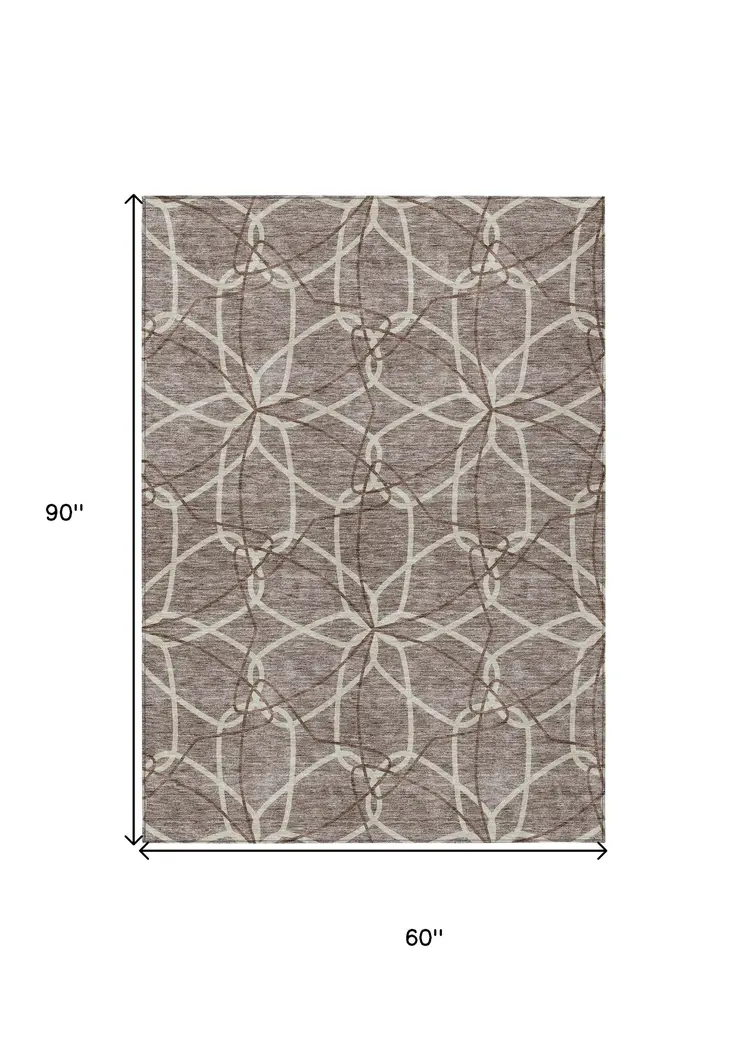 5' X 8' Taupe And Ivory Geometric Washable Indoor Outdoor Area Rug