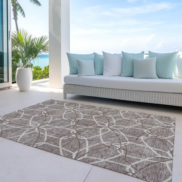 5' X 8' Taupe And Ivory Geometric Washable Indoor Outdoor Area Rug
