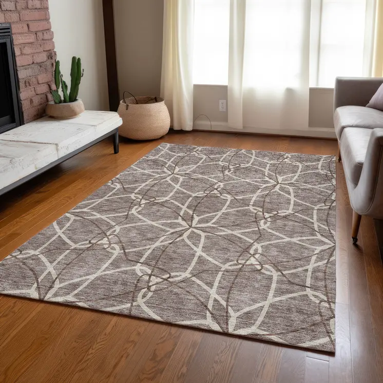 5' X 8' Taupe And Ivory Geometric Washable Indoor Outdoor Area Rug