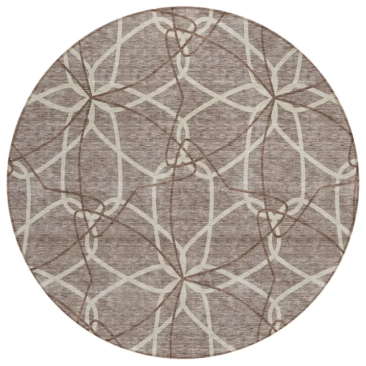 8' Taupe And Ivory Round Geometric Washable Indoor Outdoor Area Rug
