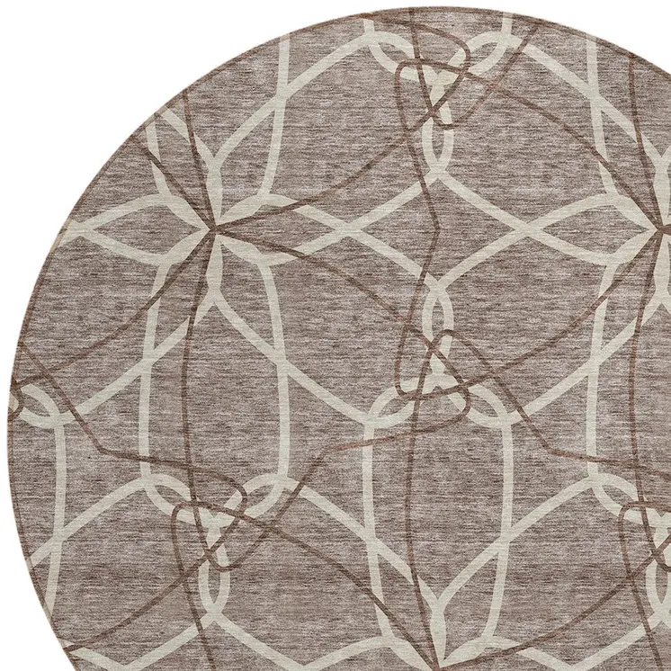 8' Taupe And Ivory Round Geometric Washable Indoor Outdoor Area Rug