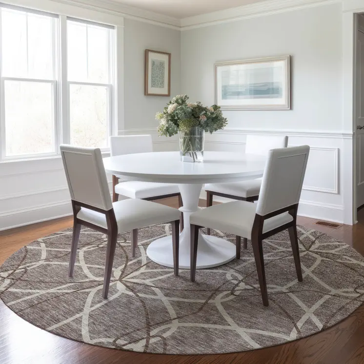 8' Taupe And Ivory Round Geometric Washable Indoor Outdoor Area Rug