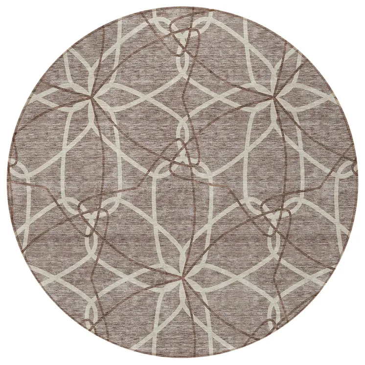 8' Taupe And Ivory Round Geometric Washable Indoor Outdoor Area Rug