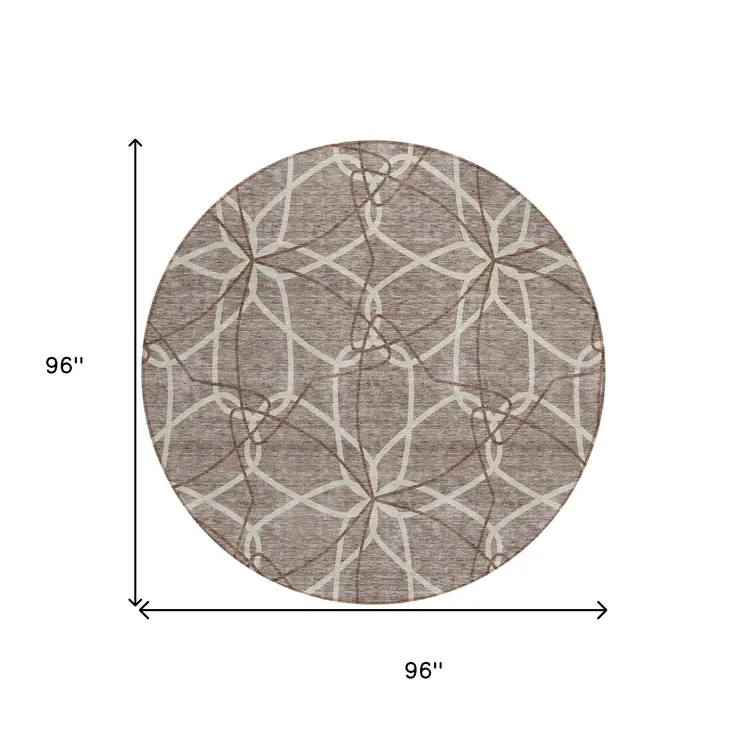 8' Taupe And Ivory Round Geometric Washable Indoor Outdoor Area Rug