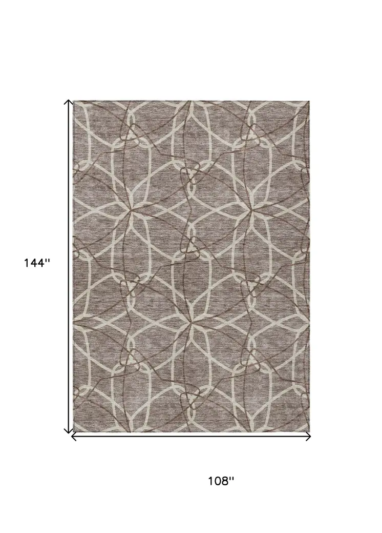9' X 12' Taupe And Ivory Geometric Washable Indoor Outdoor Area Rug