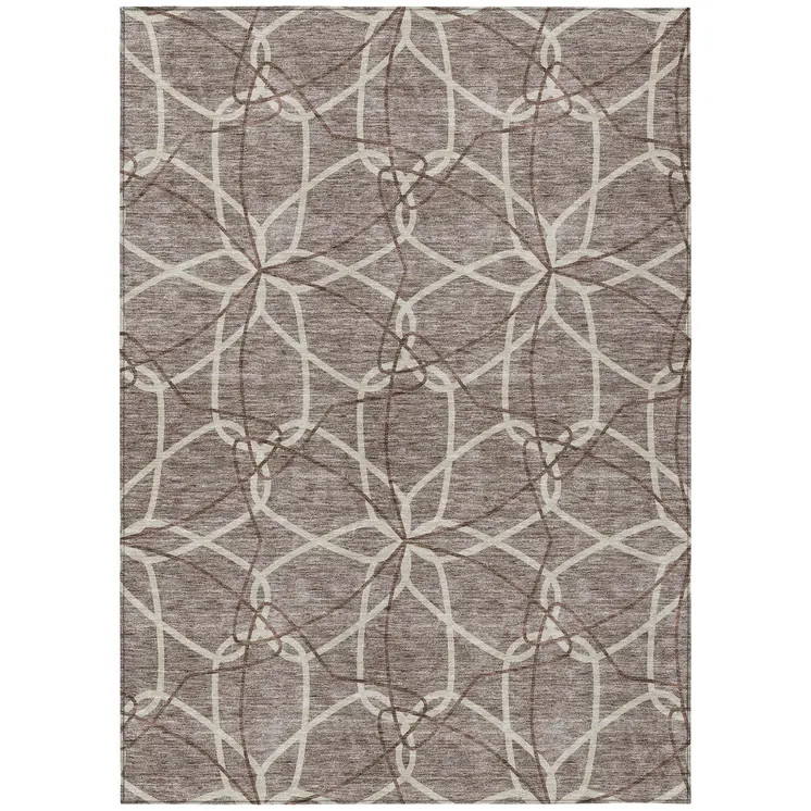 9' X 12' Taupe And Ivory Geometric Washable Indoor Outdoor Area Rug