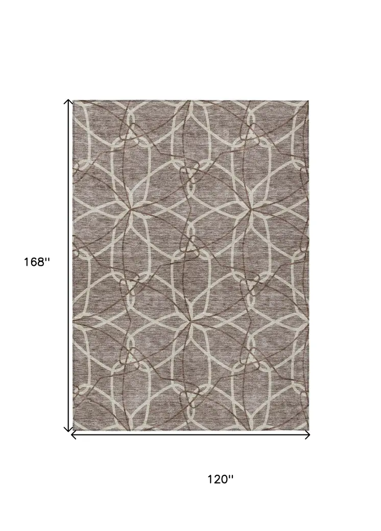 10' X 14' Taupe And Ivory Geometric Washable Indoor Outdoor Area Rug