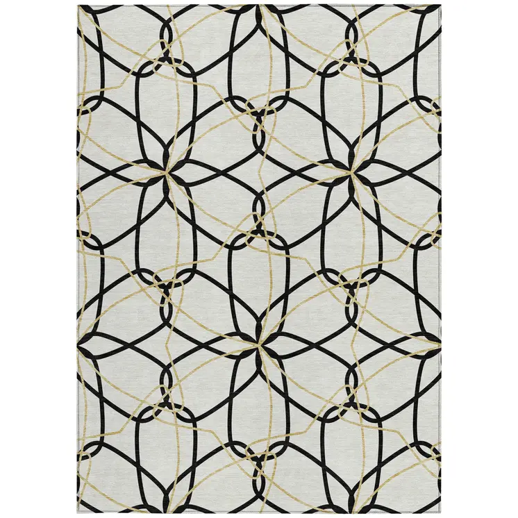 3' X 5' White And Black Geometric Washable Indoor Outdoor Area Rug