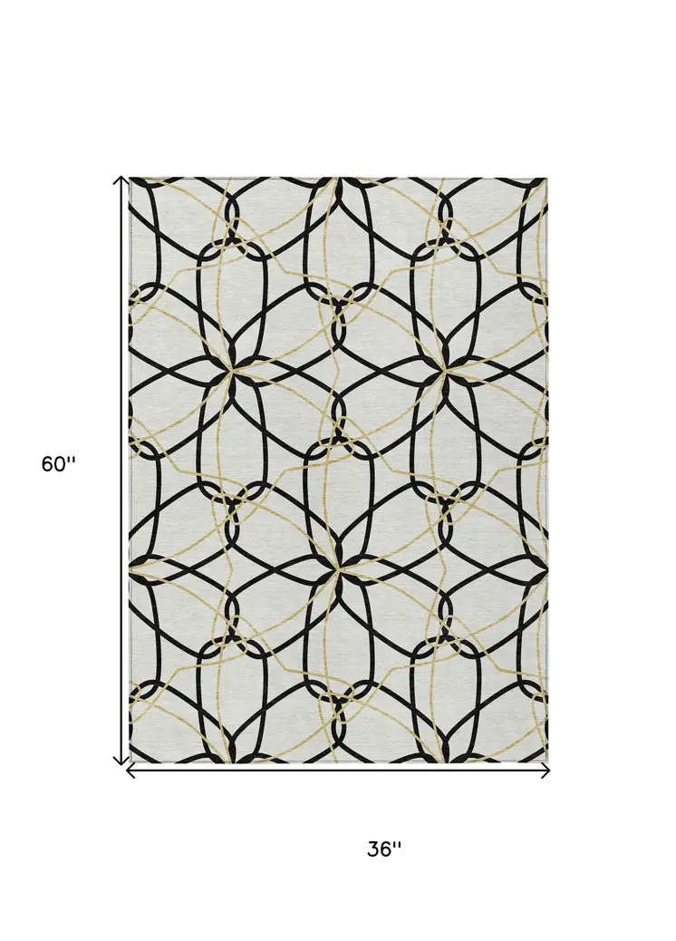 3' X 5' White And Black Geometric Washable Indoor Outdoor Area Rug