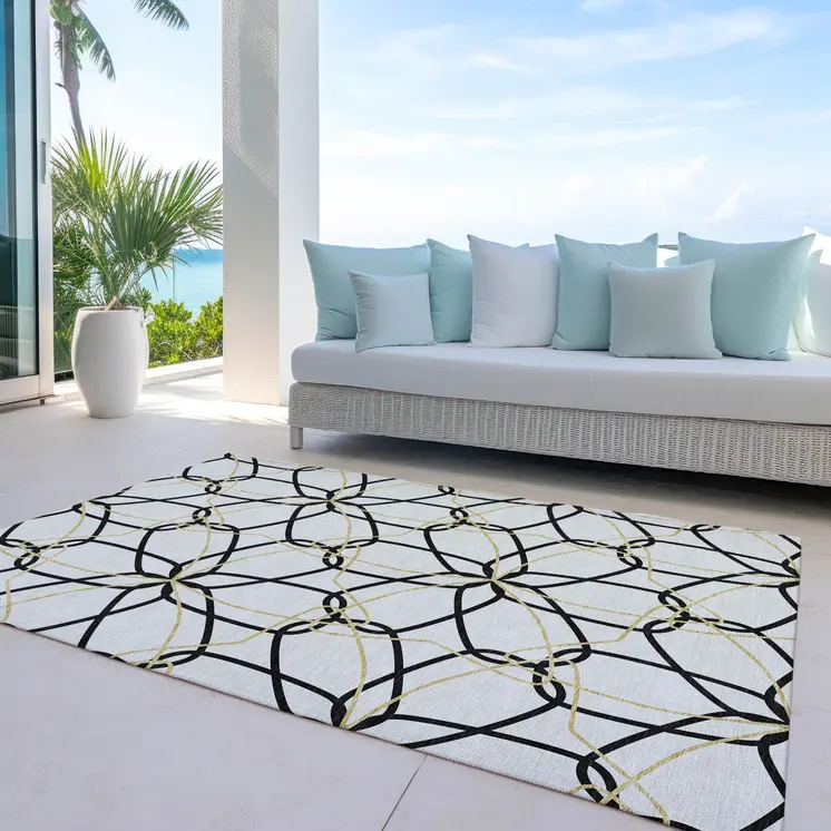 3' X 5' White And Black Geometric Washable Indoor Outdoor Area Rug