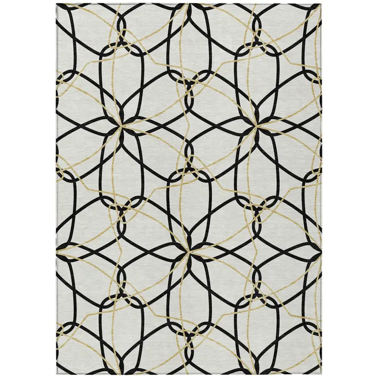 3' X 5' White And Black Geometric Washable Indoor Outdoor Area Rug
