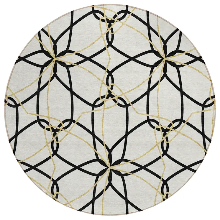 8' White And Black Round Geometric Washable Indoor Outdoor Area Rug