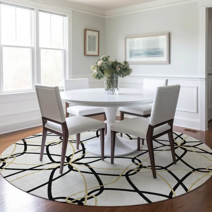 8' White And Black Round Geometric Washable Indoor Outdoor Area Rug
