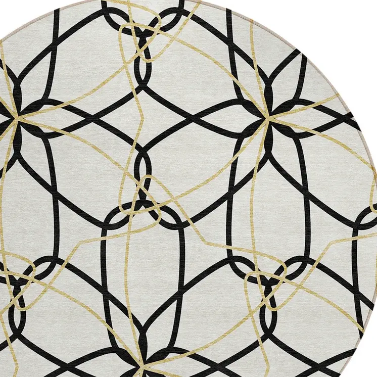 8' White And Black Round Geometric Washable Indoor Outdoor Area Rug