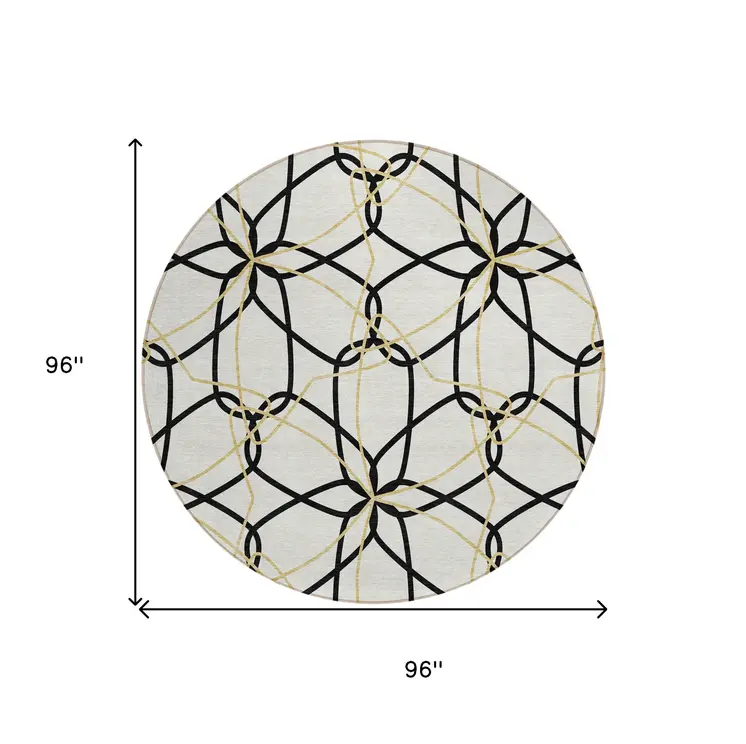 8' White And Black Round Geometric Washable Indoor Outdoor Area Rug