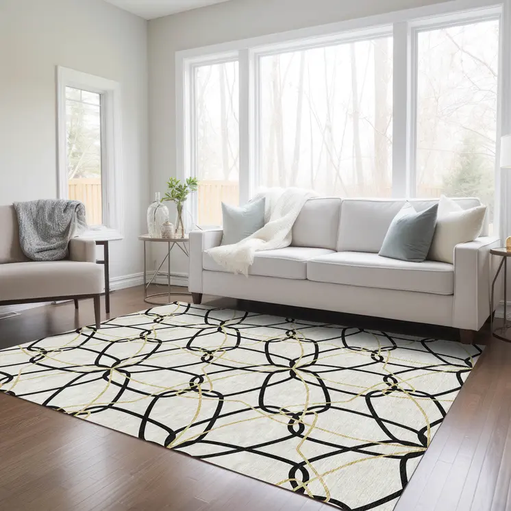 8' X 10' White And Black Geometric Washable Indoor Outdoor Area Rug