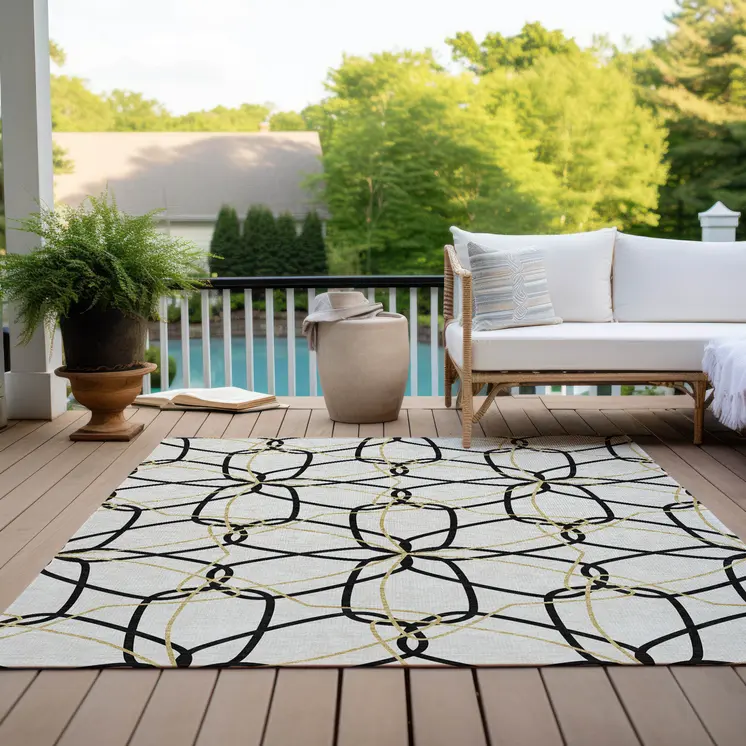 8' X 10' White And Black Geometric Washable Indoor Outdoor Area Rug