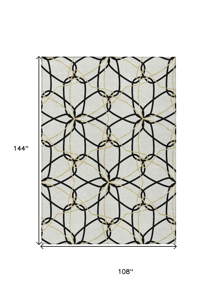 9' X 12' White And Black Geometric Washable Indoor Outdoor Area Rug
