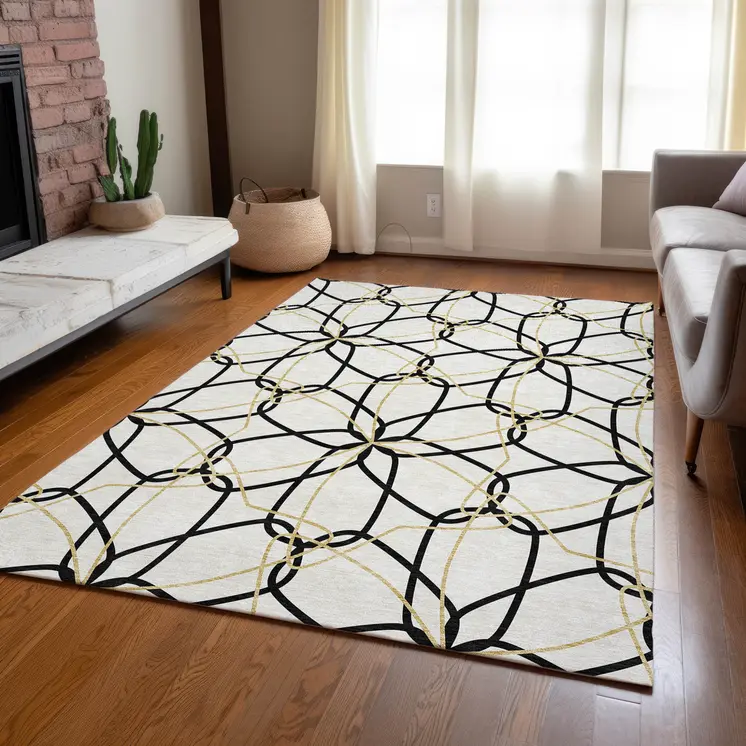 9' X 12' White And Black Geometric Washable Indoor Outdoor Area Rug