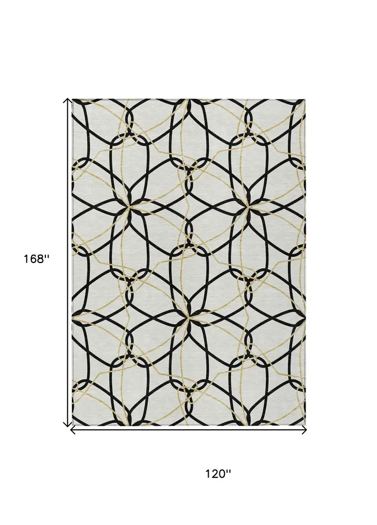 10' X 14' White And Black Geometric Washable Indoor Outdoor Area Rug