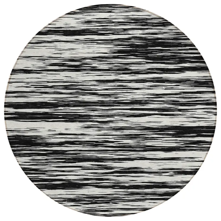 8' Black And Ivory Round Abstract Washable Indoor Outdoor Area Rug