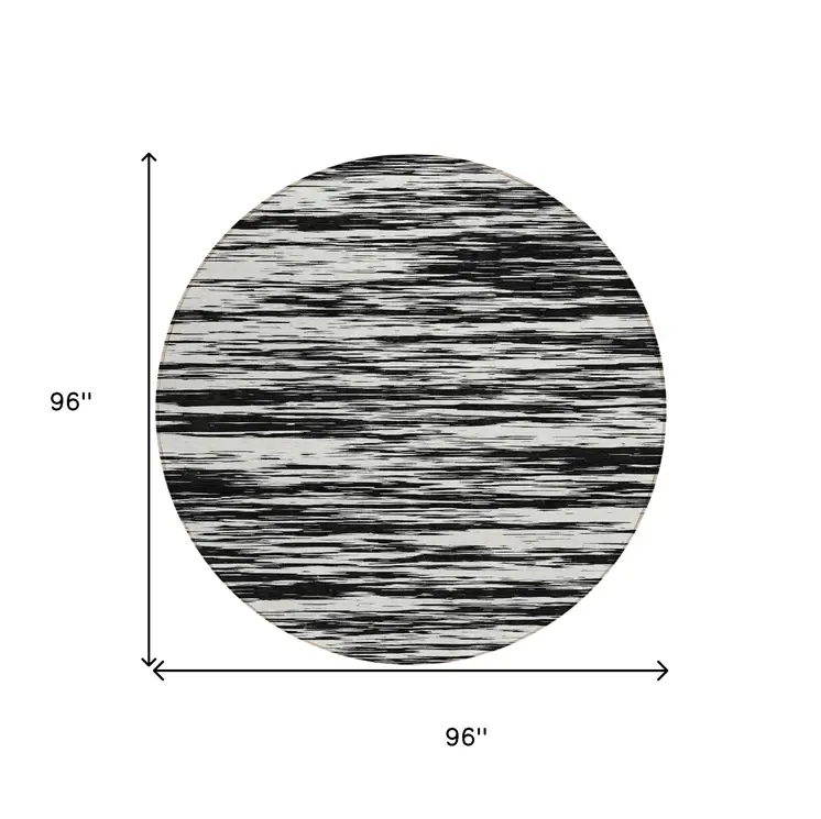 8' Black And Ivory Round Abstract Washable Indoor Outdoor Area Rug