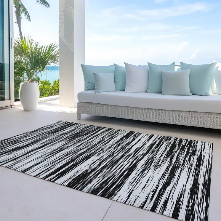 8' X 10' Black And Ivory Abstract Washable Indoor Outdoor Area Rug