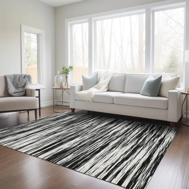 8' X 10' Black And Ivory Abstract Washable Indoor Outdoor Area Rug